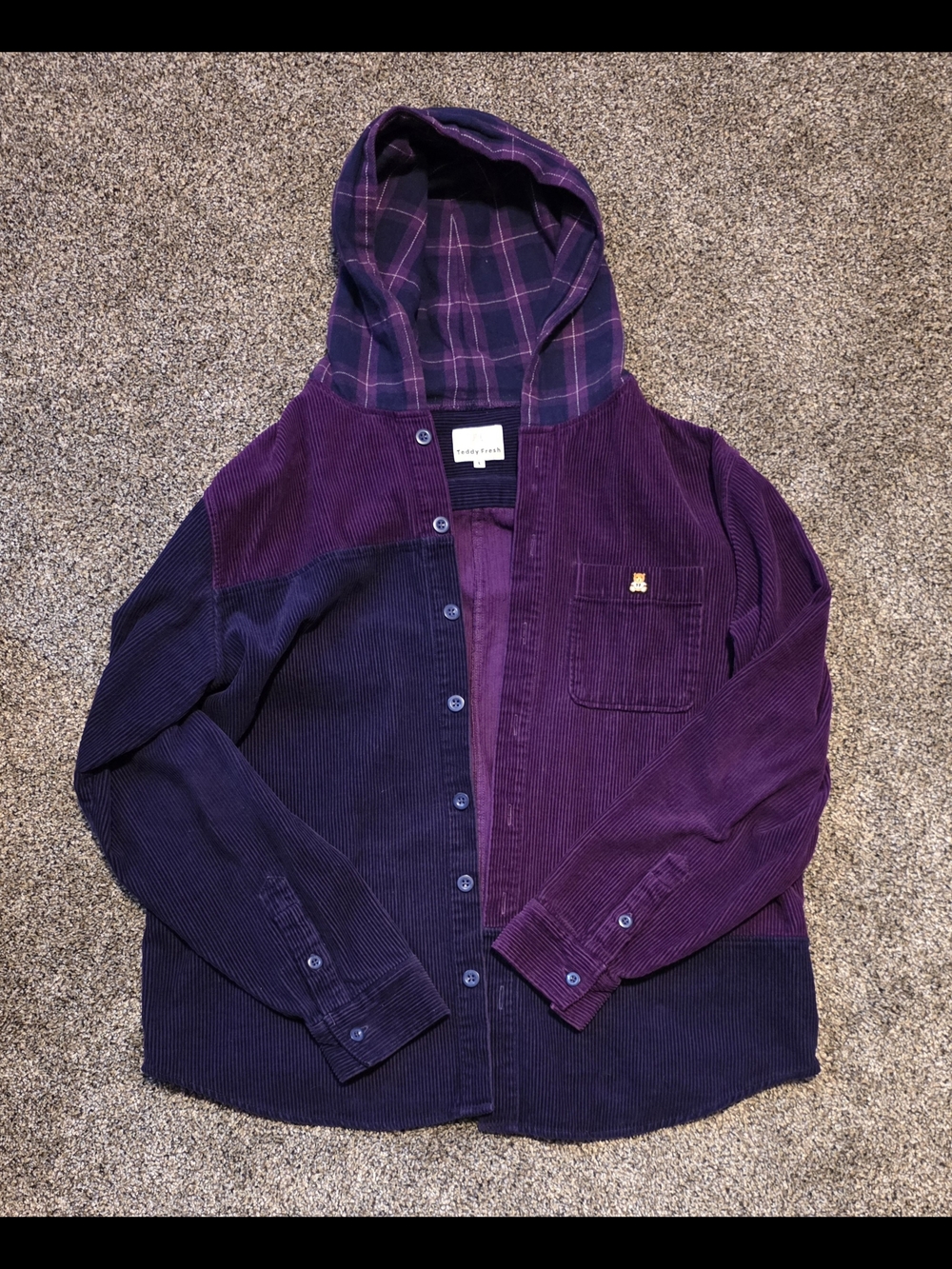 Teddy Fresh Two-Tone Purple Corduroy Jacket with Plaid Hood